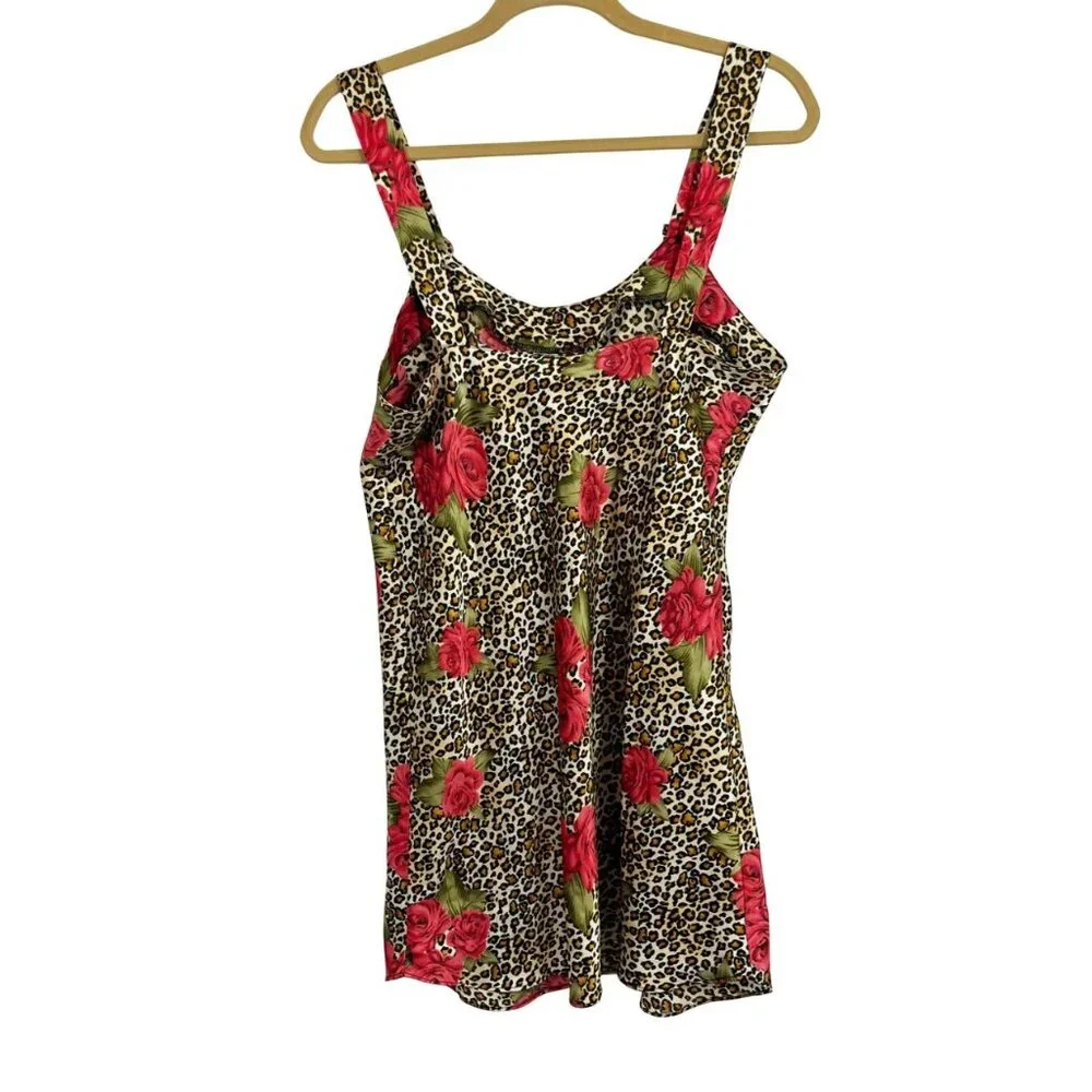 Vintage Leopard Floral Satin Mini Slip Dress Bow Scoop Neck Y2K‎ 90s Size Small - Picture 2 of 8